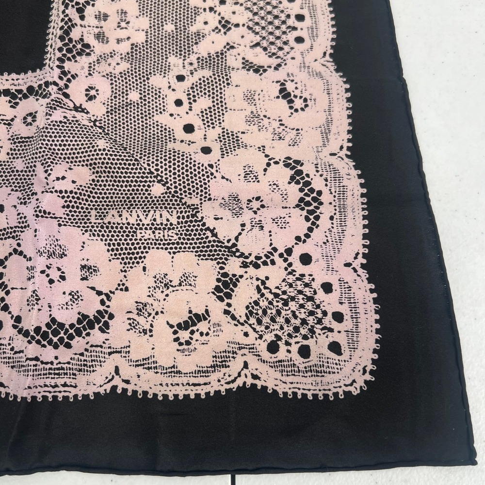 Lanvin Paris Silk Square Scarf Black Pink Floral Lace Print Hand Rolled - Picture 2 of 12